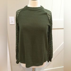 Miholl, Large, long sleeve green top with waffle type material, netting on arms